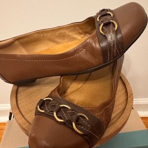 Softspots Brown Leather Flats with Gold Accents